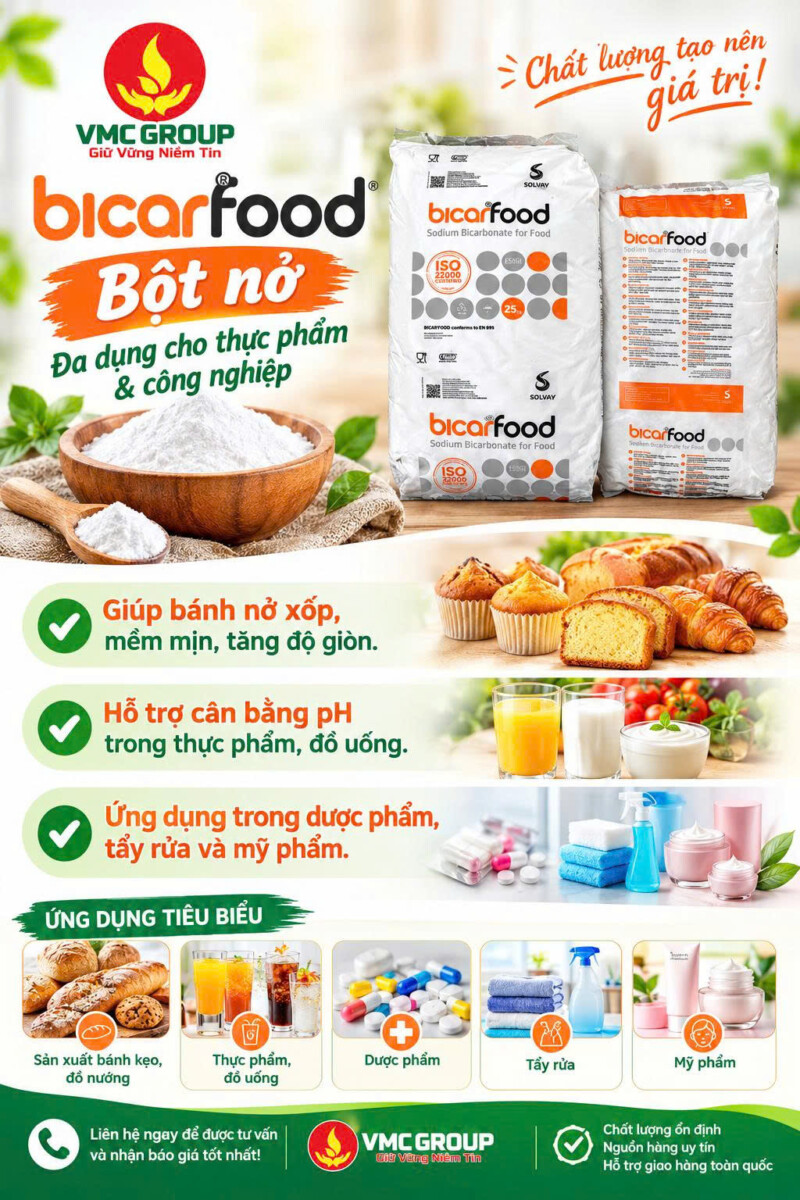 BICARFOOD – Bột nở thực phẩm NaHCO₃ | PHỤ GIA VIỆT MỸ VMCGROUP HUẾ
